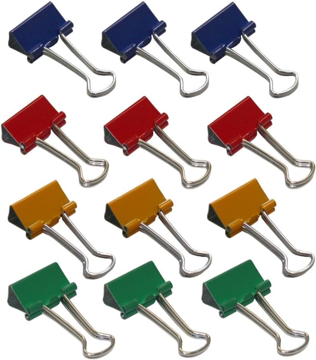 642151999 Foldback klemmen, 12 stuks in zak, gelakt metaal, afneembare beugel, sterke veer, 19 mm, diverse kleuren