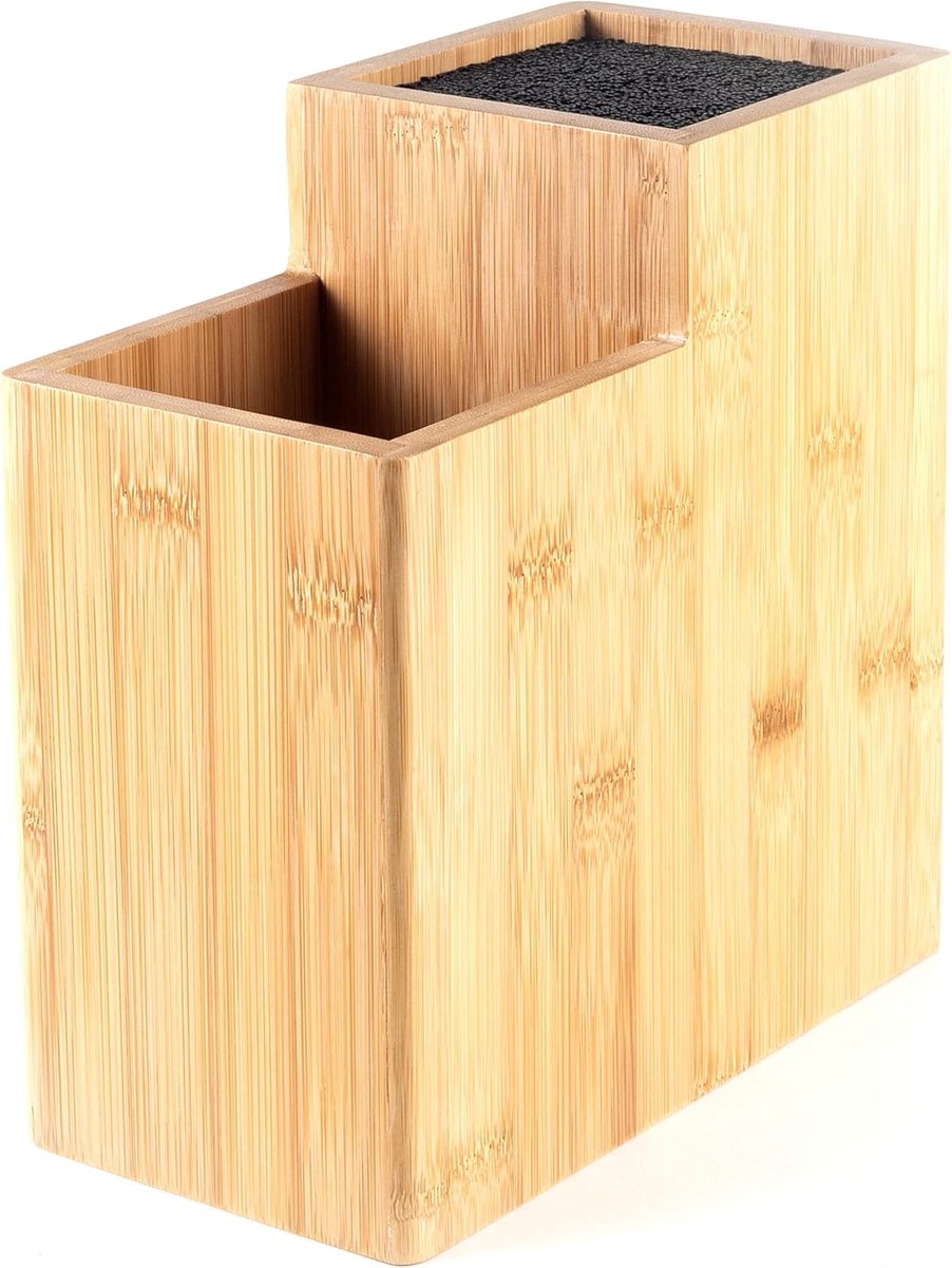 Messenblok, messenhouder zonder mes van hout, messenplank aan beide zijden, houten messenblok, messenhouder met borstelinzet, messenstandaard, bamboe, zonder mes, vierkant recht