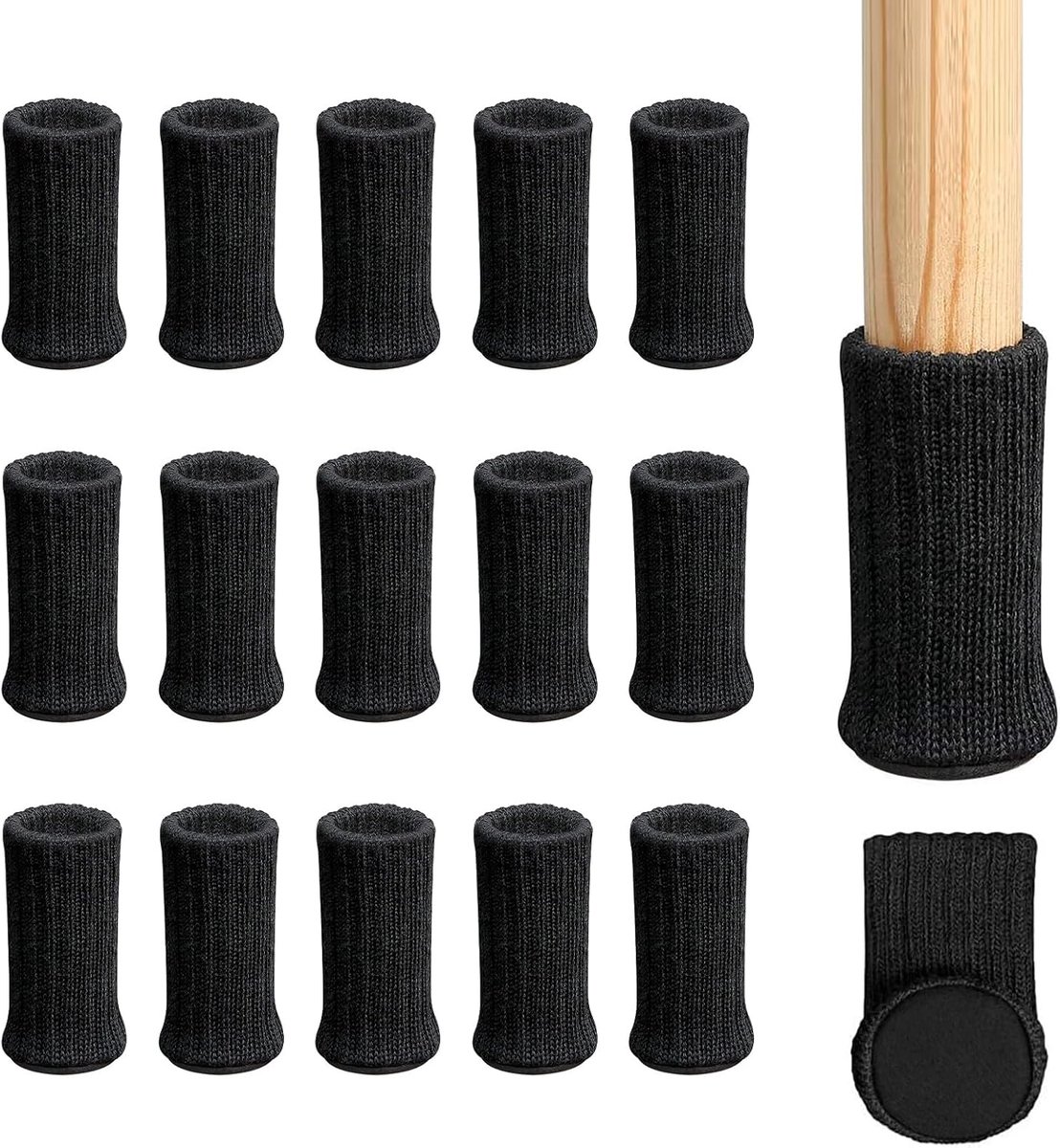 Stoelbeensokjes met viltkussens, dubbel gelaagd, antislip, gebreid, meubelschoentjes voor thuis, school, kantoor, bibliotheek, zwart, 16 stuks