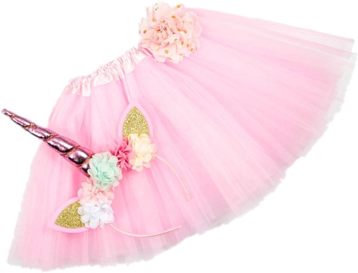 Tutu rok jurk + eenhoorn hoorn hoofdband set kinderen verjaardag foto rekwisieten outfit (roze)
