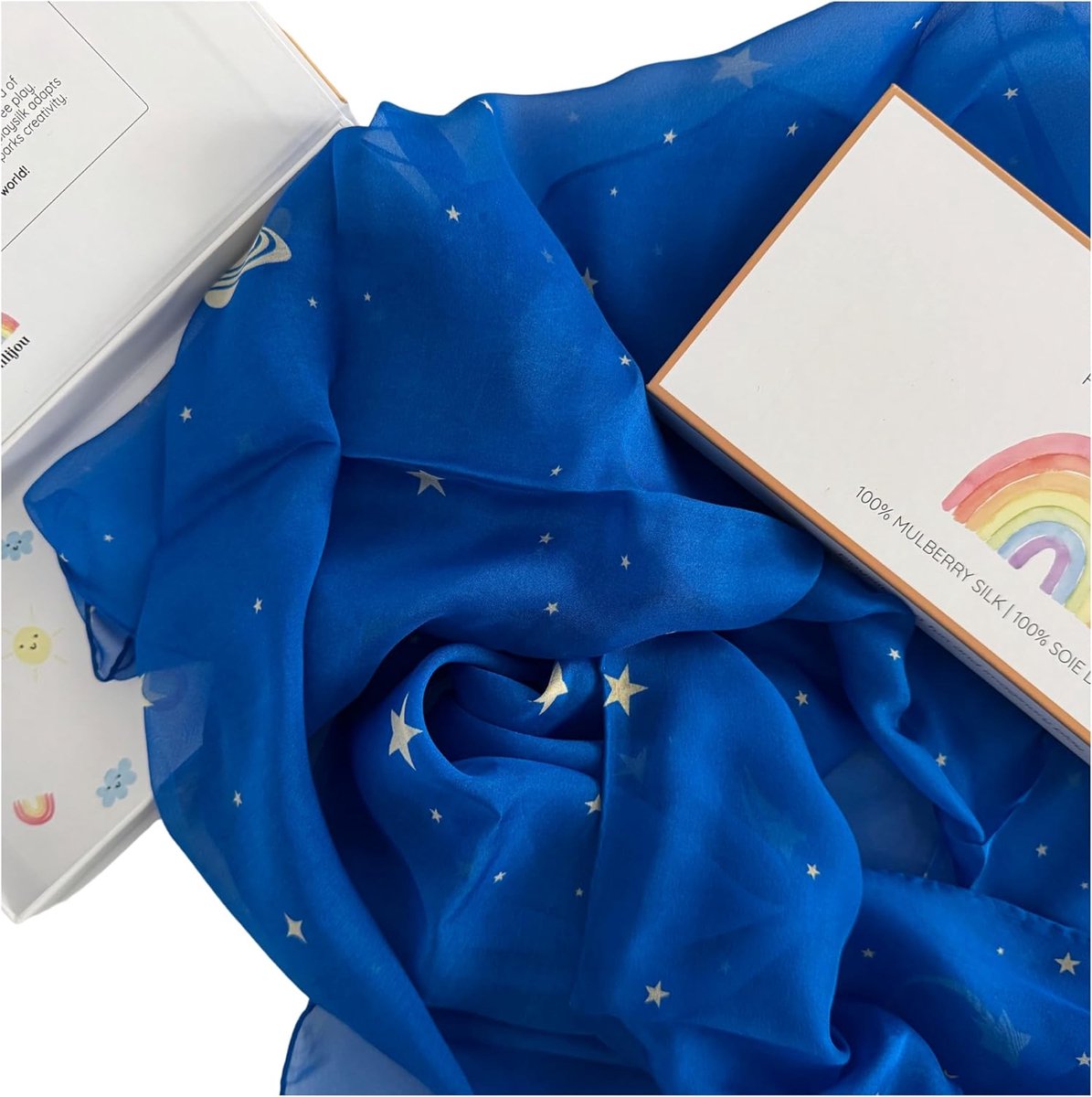 100% vierkante moerbeizijde - sterrenhemel - zachte en natuurlijke zijden sjaal, grappig accessoire voor fantasierijke en creatieve spellen, jongleersjaals, Montessori, 90x90cm