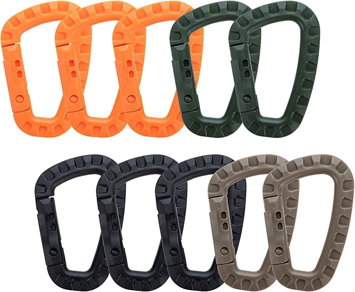 Set van 10 kunststof karabijnhaken, D-vormige bergbeklimmen gesp, draagbare sleutelhanger, multifunctionele clip voor waterflessen, touwen, rugzakken, hengels, 8,5 x 5,5 cm