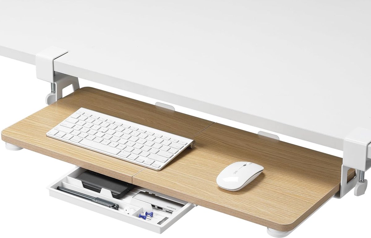 Toetsenbordlade onder bureau, 68 x 30 cm groot formaat toetsenbordlade met C-klembevestiging, eenvoudig te installeren, computertoetsenbordstandaard, ergonomische toetsenbordlade voor thuis en op