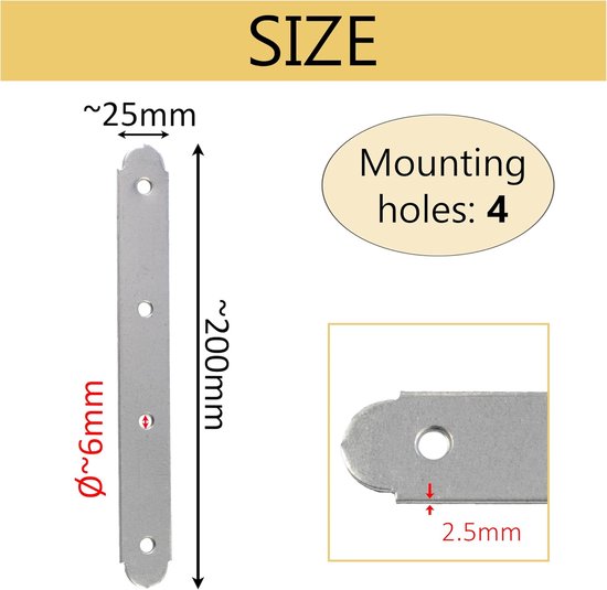 - C76194 - set met 2 platte montageplaten 200 х 25 х 2,5 mm met 4 gaten - reparatiehouder - verzinkt staal - meubelverbinders — afbeelding 2