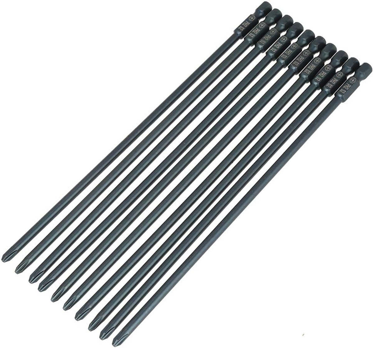 Schroevendraaierbits, 10 stuks, 200 mm S2 staal, 1/4 inch zeskantige schacht, magnetisch kruis, PH2 schroevendraaierbits