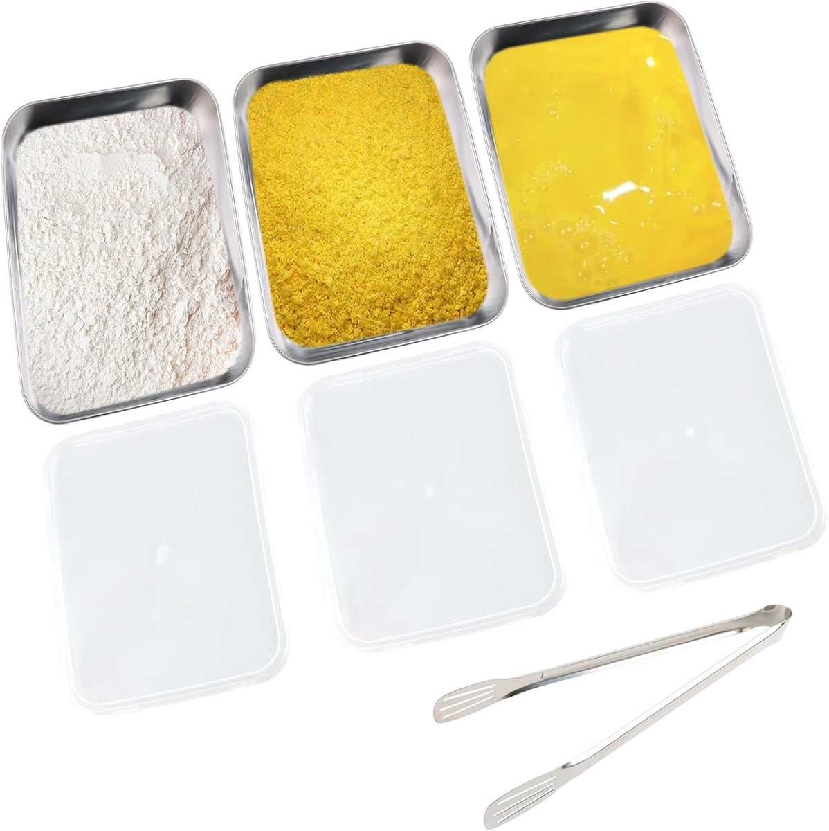 paneerschalen, 3-delig, paneerstraatschalen, 25,5 x 20 x 5 cm, roestvrijstalen container met deksel, gastronomische container, rechthoekige GN container voor schnitzels, vlees,
