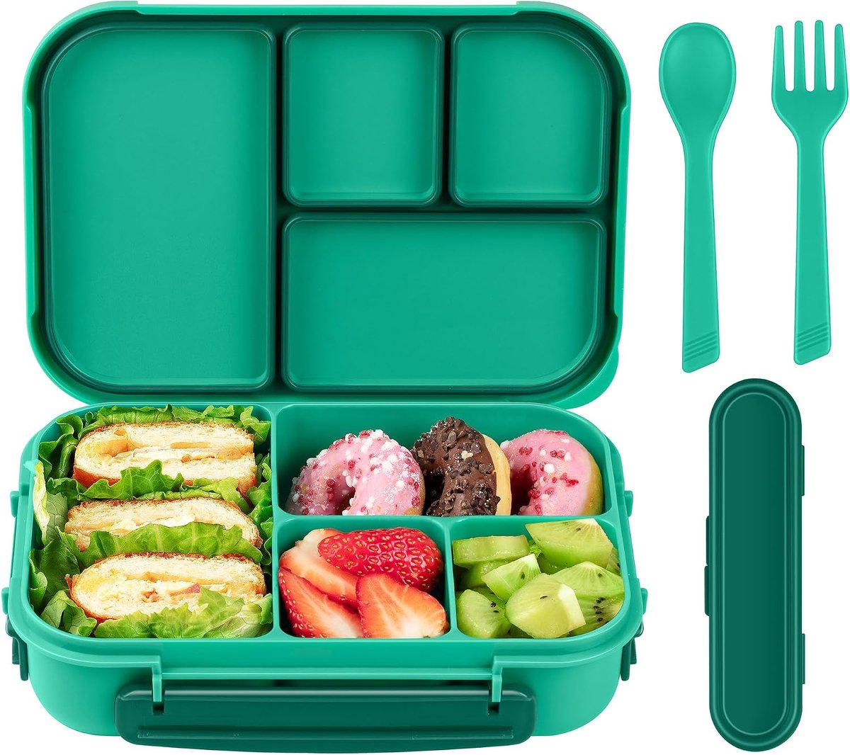 Lunch Box Adults/Kids,Bento Box Kids,1200ML-4 vakken Lekvrij Lunchbox met Keukengerei,Lunchbox Voor Volwassenen,Lunch Container,Snackbox Sandwichbox,Herbruikbaar (Groen)