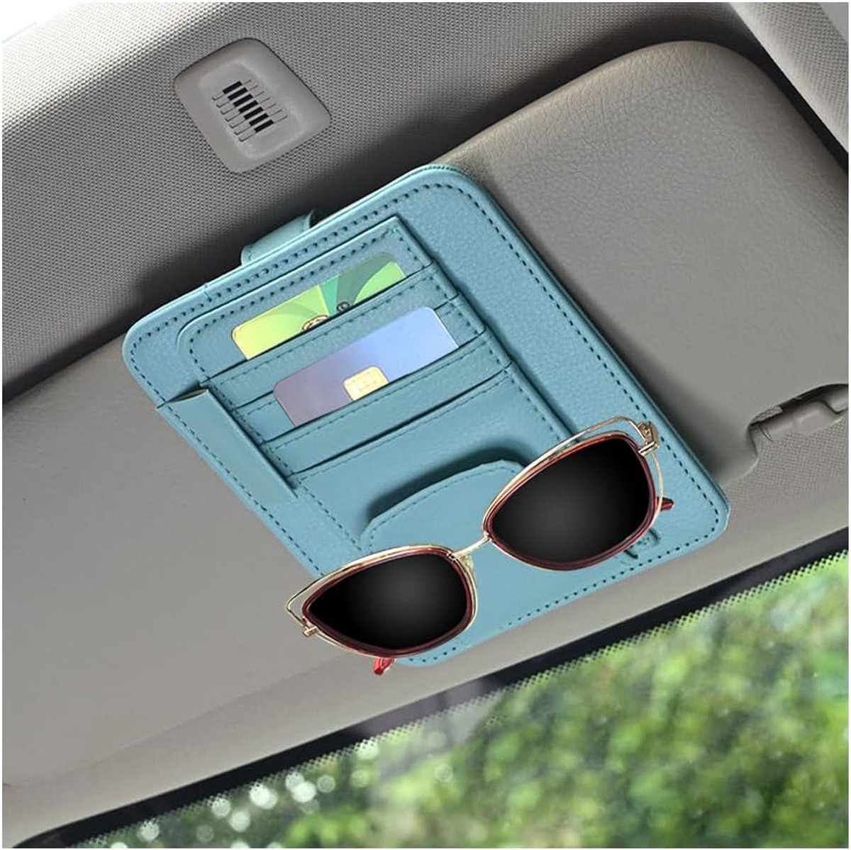 Organizer voor zonneklepvleugels, organizer voor zonneklepvleugels van leer voor auto, ritssluiting, zonneklep, organizer met brillenhouder, binnenaccessoires voor zonnebrillen (blauw)