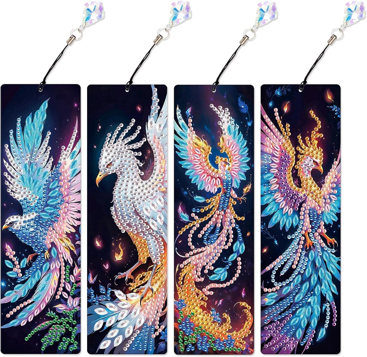 Diamond Painting Bladwijzers, 4 stuks, kleurrijke set, schilderen op nummer, volwassenen, bladwijzers, clip, boekenlegger voor boeken, zijmarkeringsclip, bladwijzer, leesaccessoires (feniks)