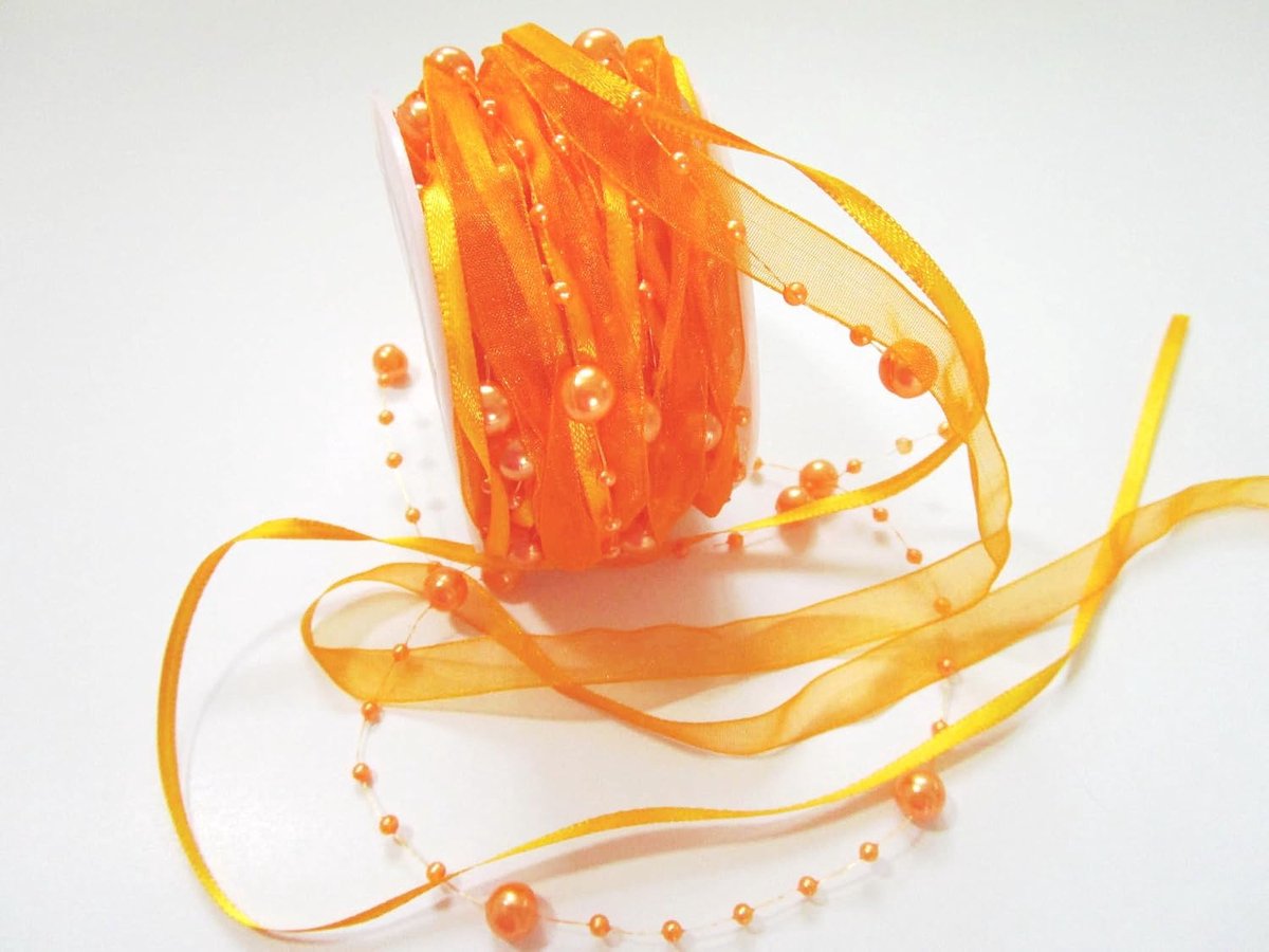 10 m lint 3-delig met organza en 4 mm kralen decoratielint trendyband parelband parels aan band (nieuw oranje)