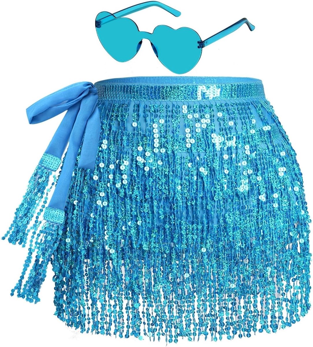 Glitterrok voor dames, franjes, glitter met hippiebril, mini-latijnrok, kort, buikdanskostuum, rave-kostuum voor vrouwen en meisjes