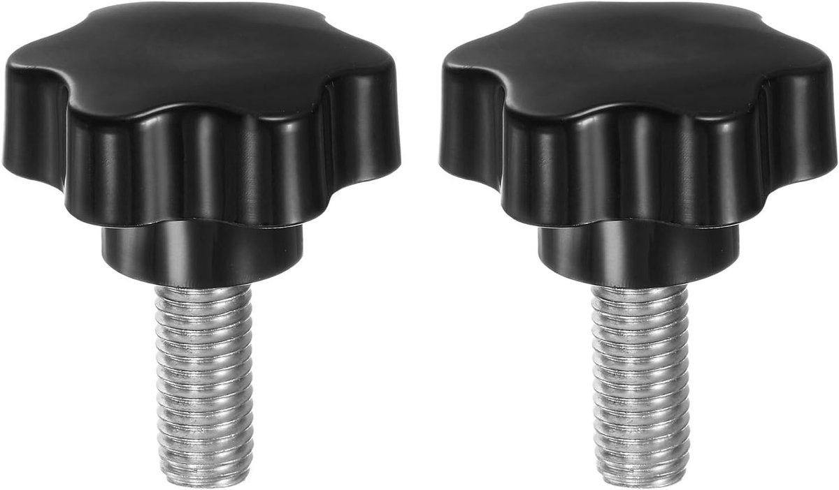 2 stuks sterknoppen M12 x 30 mm schroefdraad van roestvrij staal 304, 46 mm gekartelde knop met 6 sterren gekartelde kopschroef kunststof handgreep, zwart