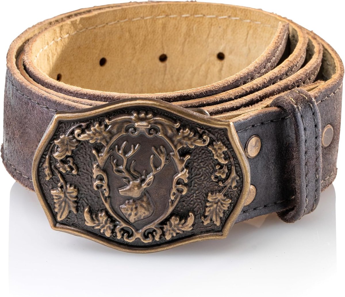 Trachten Couture Heren klederdrachtriem van leer, leren broek riem met hert koperen gesp, leren riem Loris