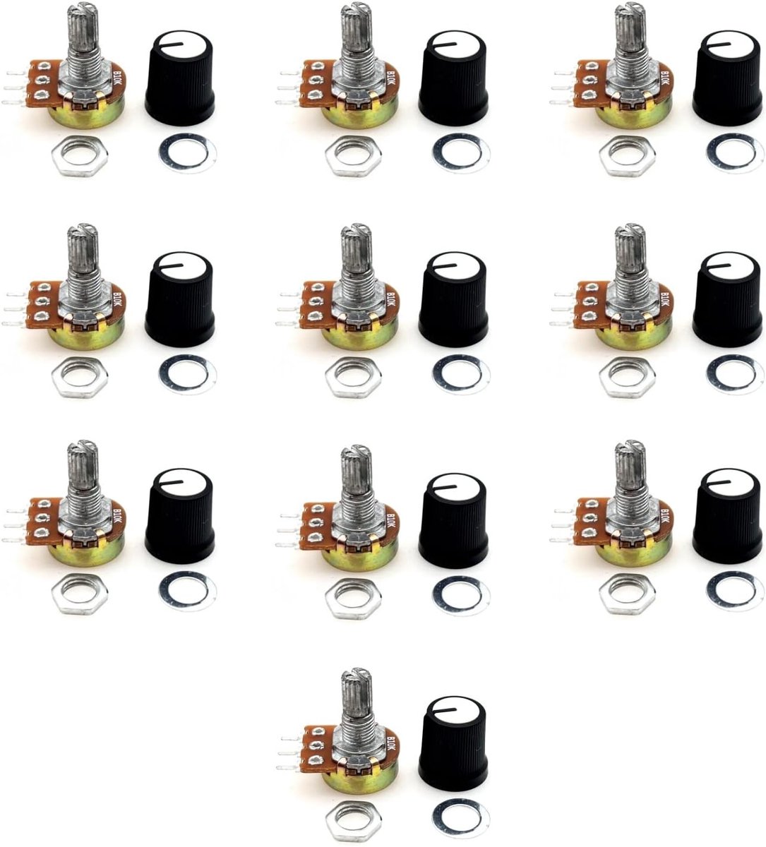10 stks B10K potentiometer knop met 6mm as, lineair conische roterende volume B 10k potentiometer knop, B10K Ohm 3 terminal roterende potentiometer met dop, moeren en ring
