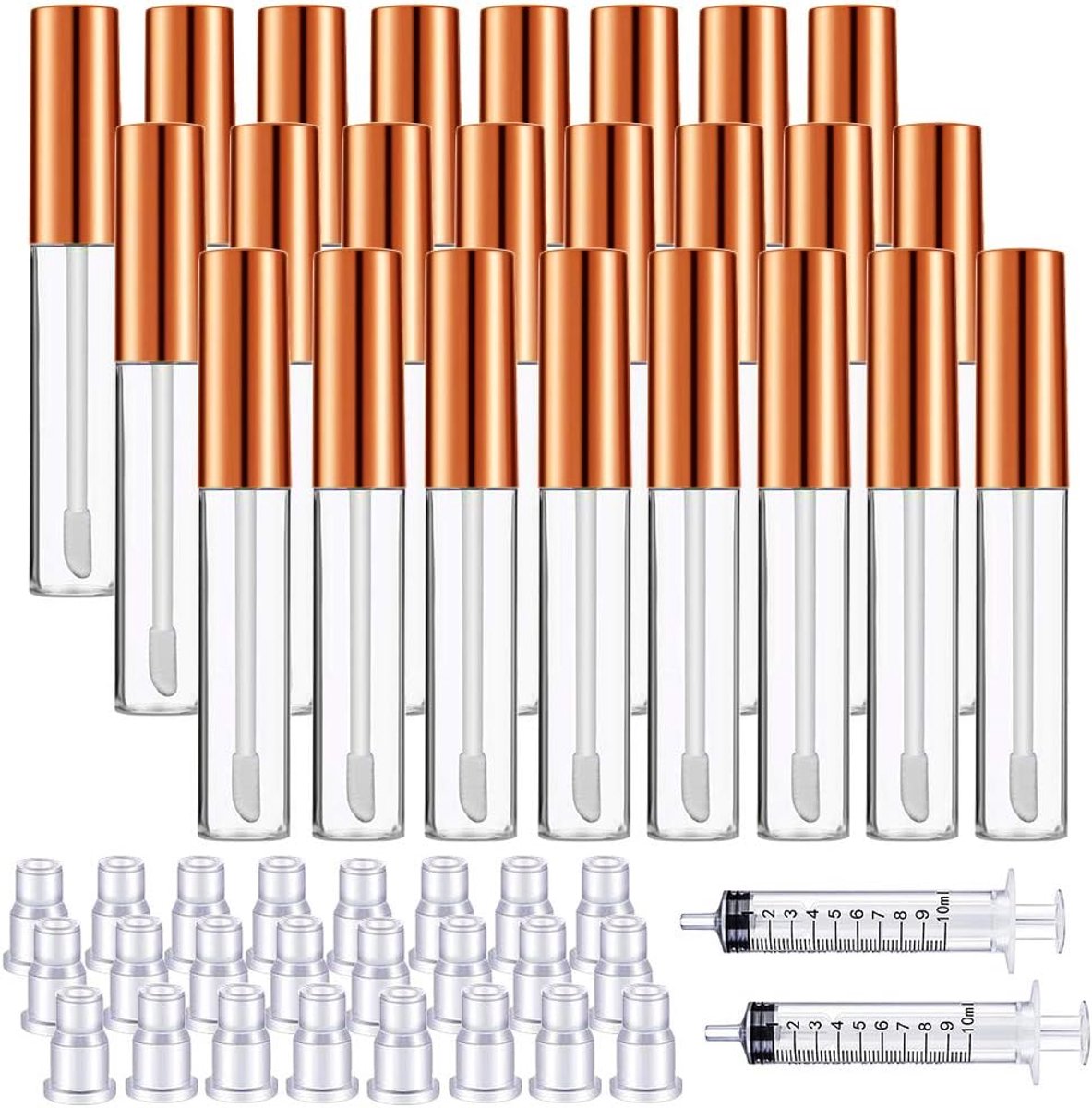 24 stuks 10 ml transparante lipgloss buizen met borstelpunt navulbare lipglazuur container lippenbalsem fles en 2 stuks 10 ml plastic spuit voor doe-het-zelf make-up, Roségoud, 50 Piece Set
