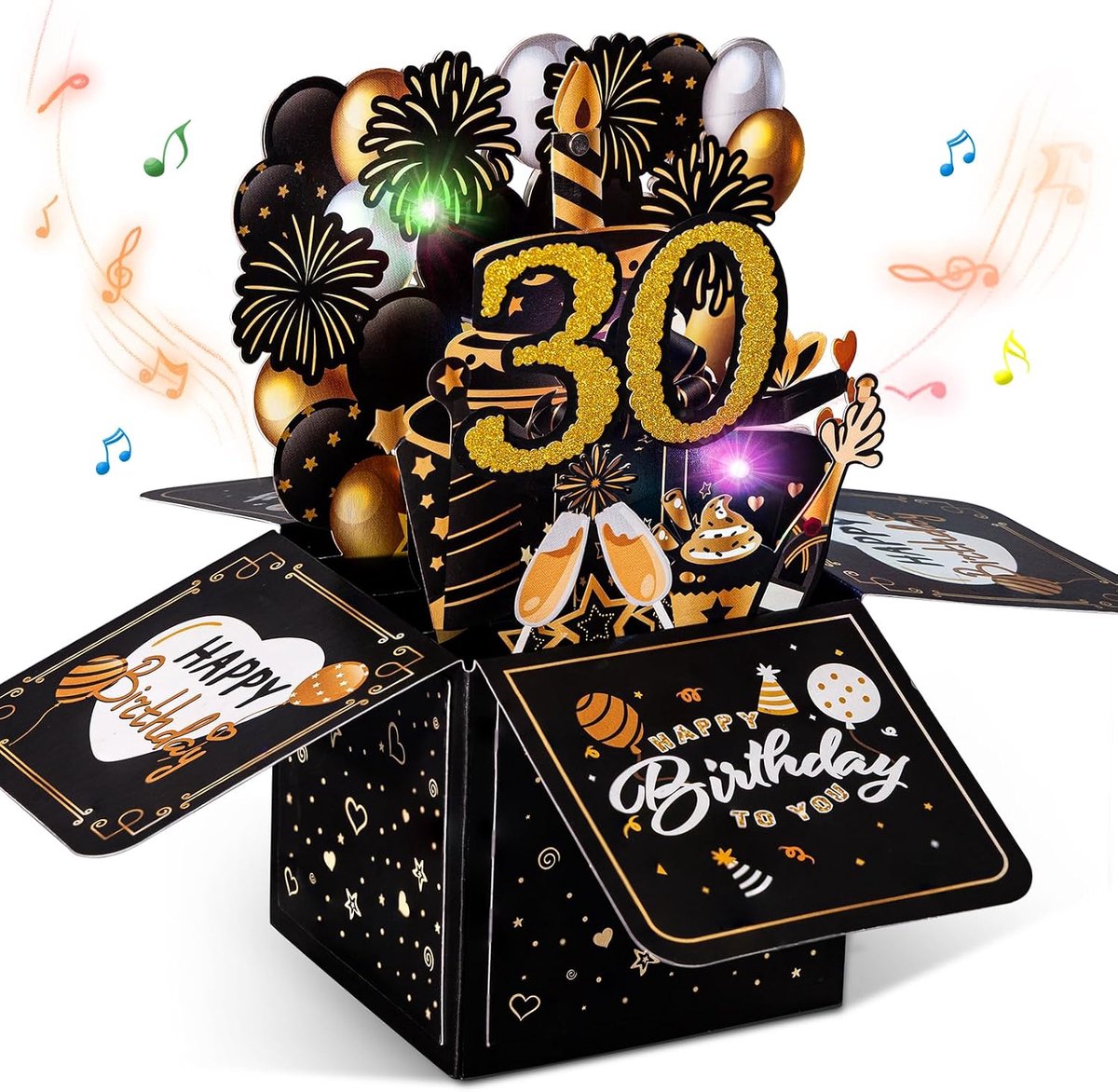 30 Verjaardagskaart met muziek - 30e verjaardag pop-upkaart met lichten en interactieve kaarsen, cadeau verjaardagskaarten voor vrouwen en mannen, 3D wenskaart verjaardagscadeau