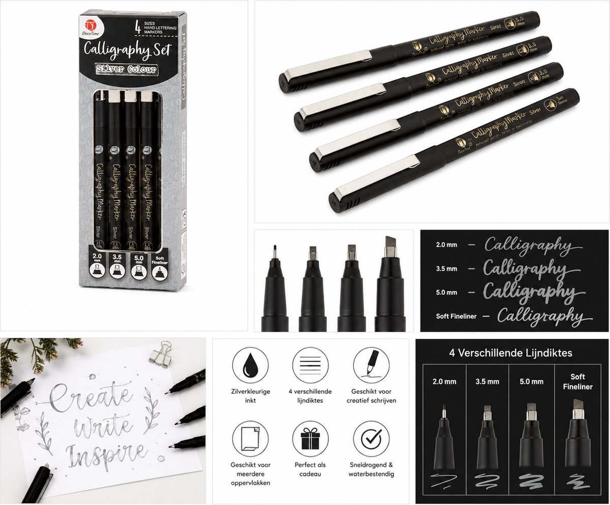 4× Kalligrafimarkerer – Zilveren inkt – Metallic kalligrafiestiften