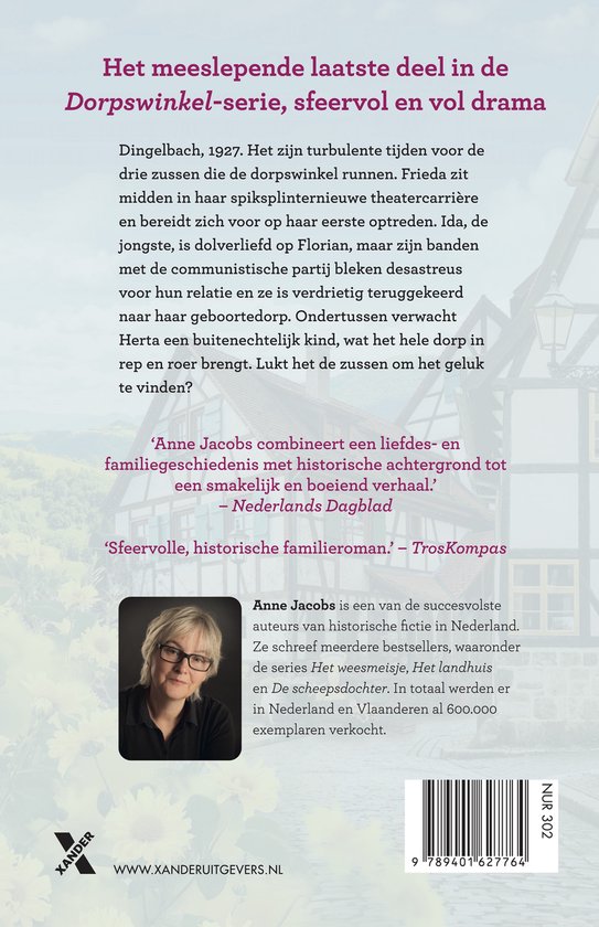 Achterkant van het boek 'De dorpswinkel 3 - Dromen' met tekst en een portretfoto van Anne Jacobs.