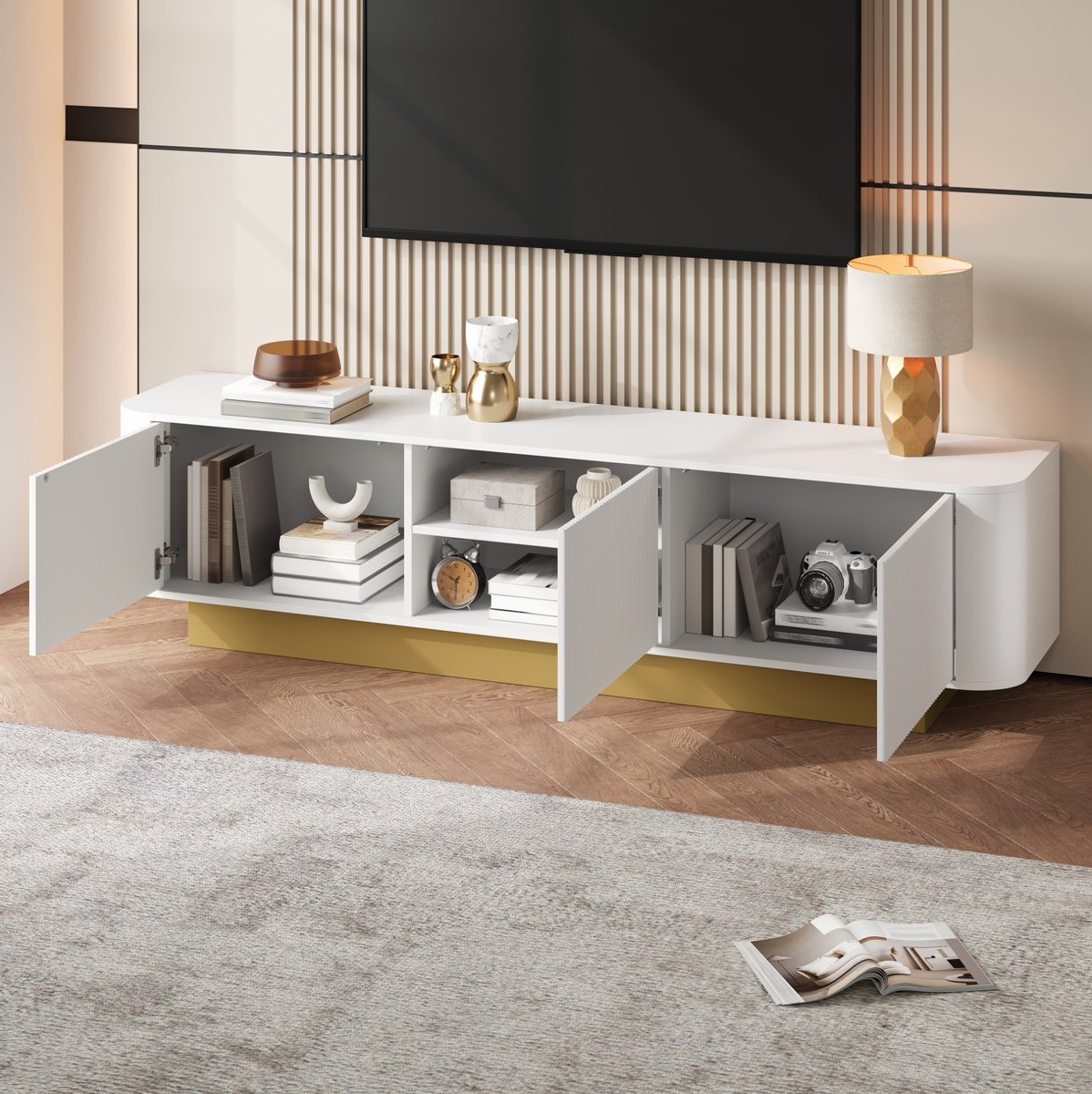 MEUNIQ TV-lowboard 170 cm wit met 3 deuren, verstelbare plank en kabelmanagement, tv-kast voor woonkamer met afgeronde hoeken White