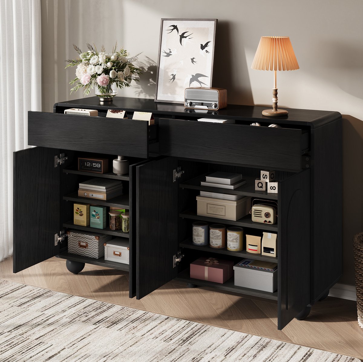 MEUNIQ dressoir 140 x 38 x 89 cm met 2 laden, 4 deuren en verstelbare planken, zwarte opbergkast voor woonkamer met afgeronde hoeken en metalen poten