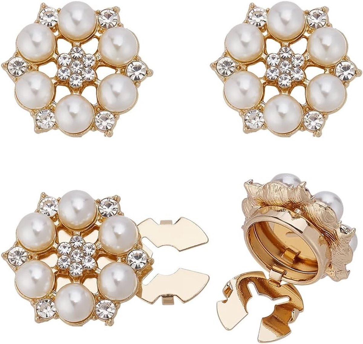 4 Stuks Rhinestone Knopbedekking in Lichtgoud met Bloemvorm en Plastic Kralen - Herbruikbare Decoratie voor Bruiloften en Kostuums