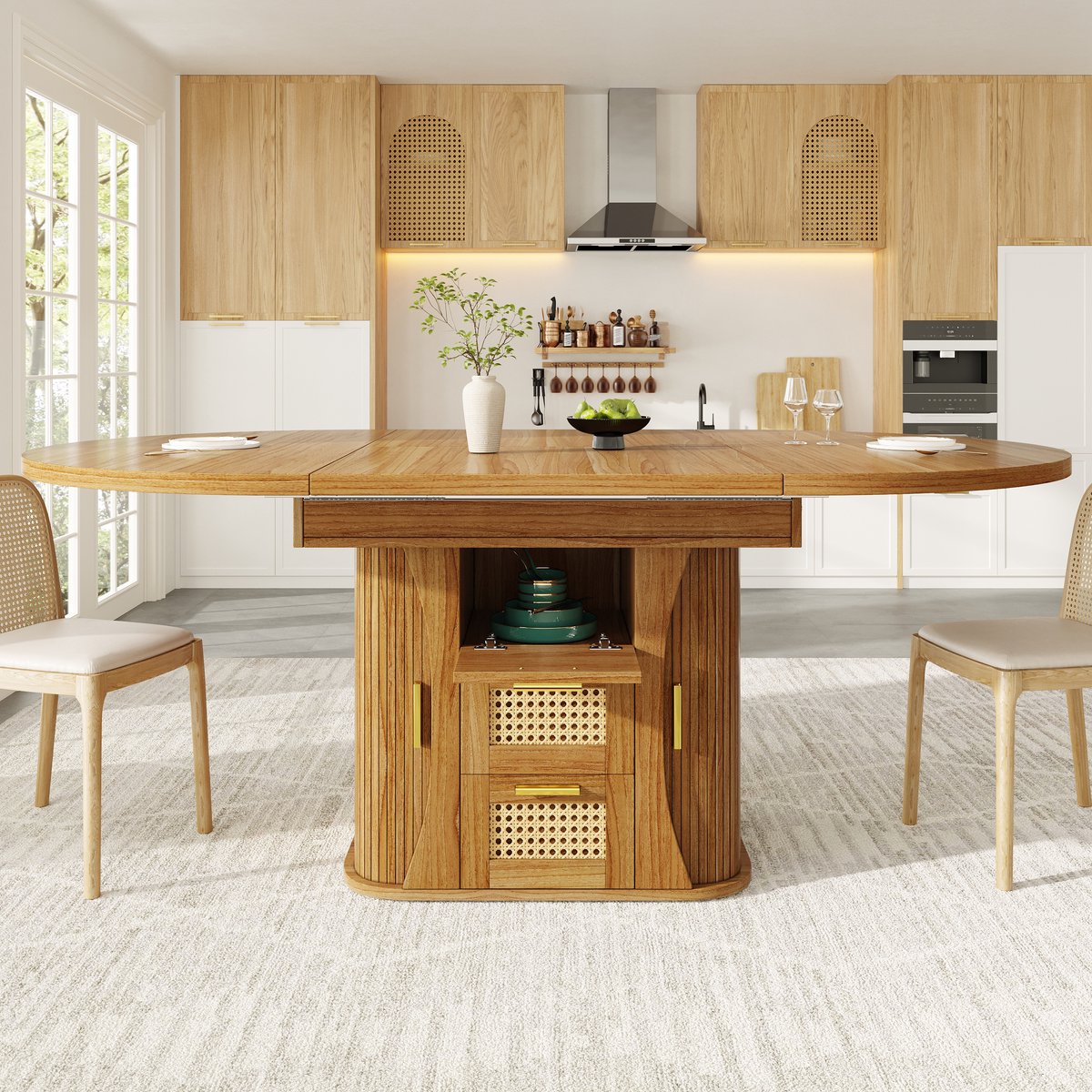 HAUSS SPOLE Eettafel - Uitschuifbaar Met Opberglades In Rotanlook - Voor Eetkamer En Keuken - MDF - Eiken