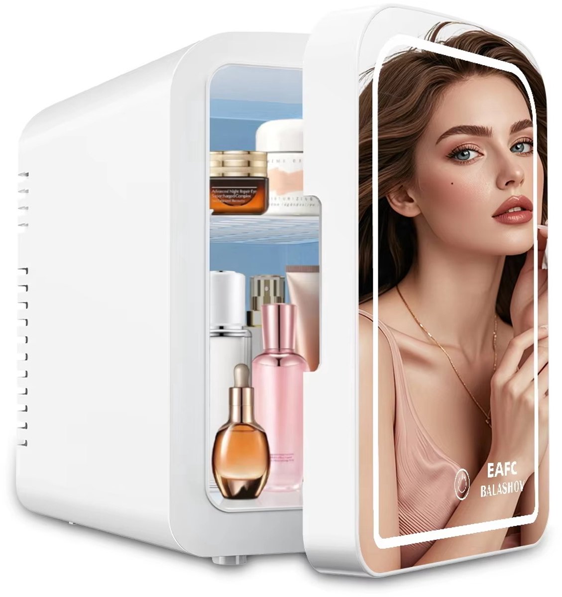 EAFC Skincare Fridge – Mini Koelkast met Spiegel & 3 LED-standen | Koelen én Verwarmen | 6 Liter | Wit