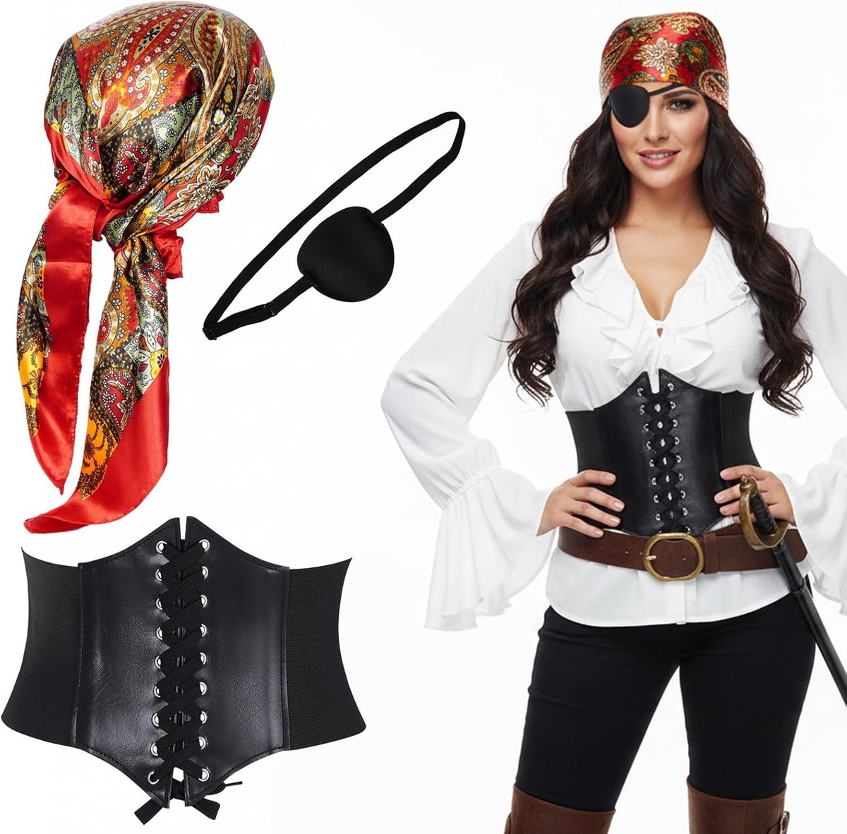 Vrouwelijke Piratenkostuum Accessoires - 3-delige Set met Hoofddoek, Corset en Ooglapje voor Halloween, Carnaval en Cosplay