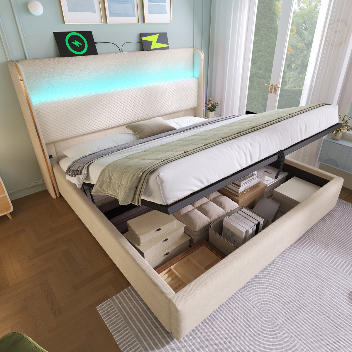 VVBV Bed met opbergruimte 140x200 / Tweepersoonsbed 140x200 – met Hydraulische Opbergruimte, LED-Verlichting, USB, USB-C – Hoofdbord – Linnen – Beige