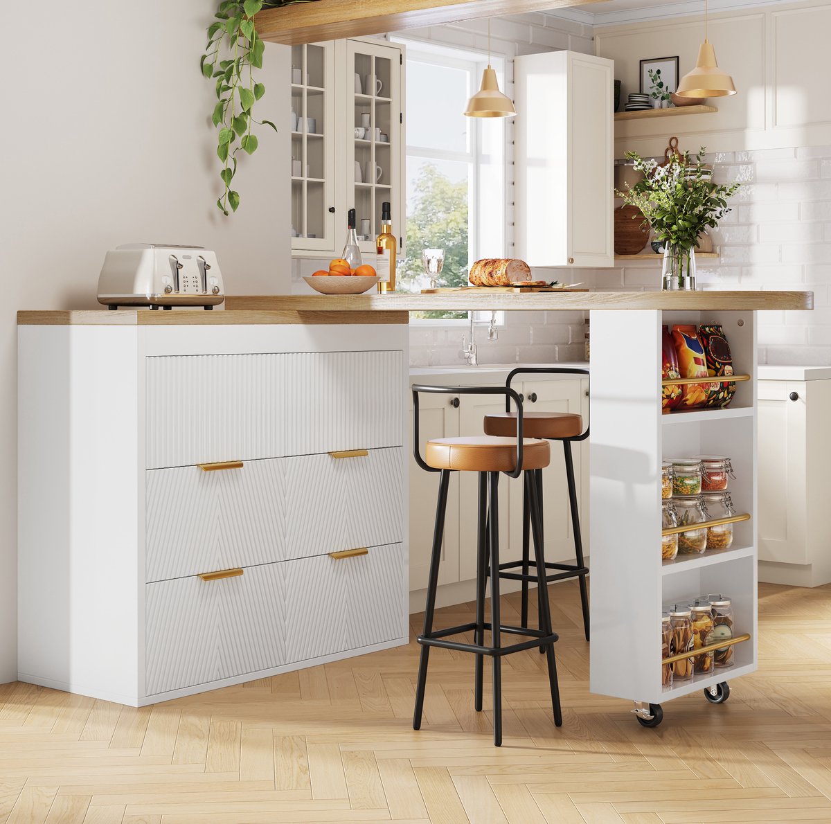 MEUNIQ Bartafel 128-203 x 39 x 90 cm met 6 lades, 360° draaibaar en uitschuifbaar, statafel met opbergruimte voor keuken, eetruimte of thuiskantoor, wit