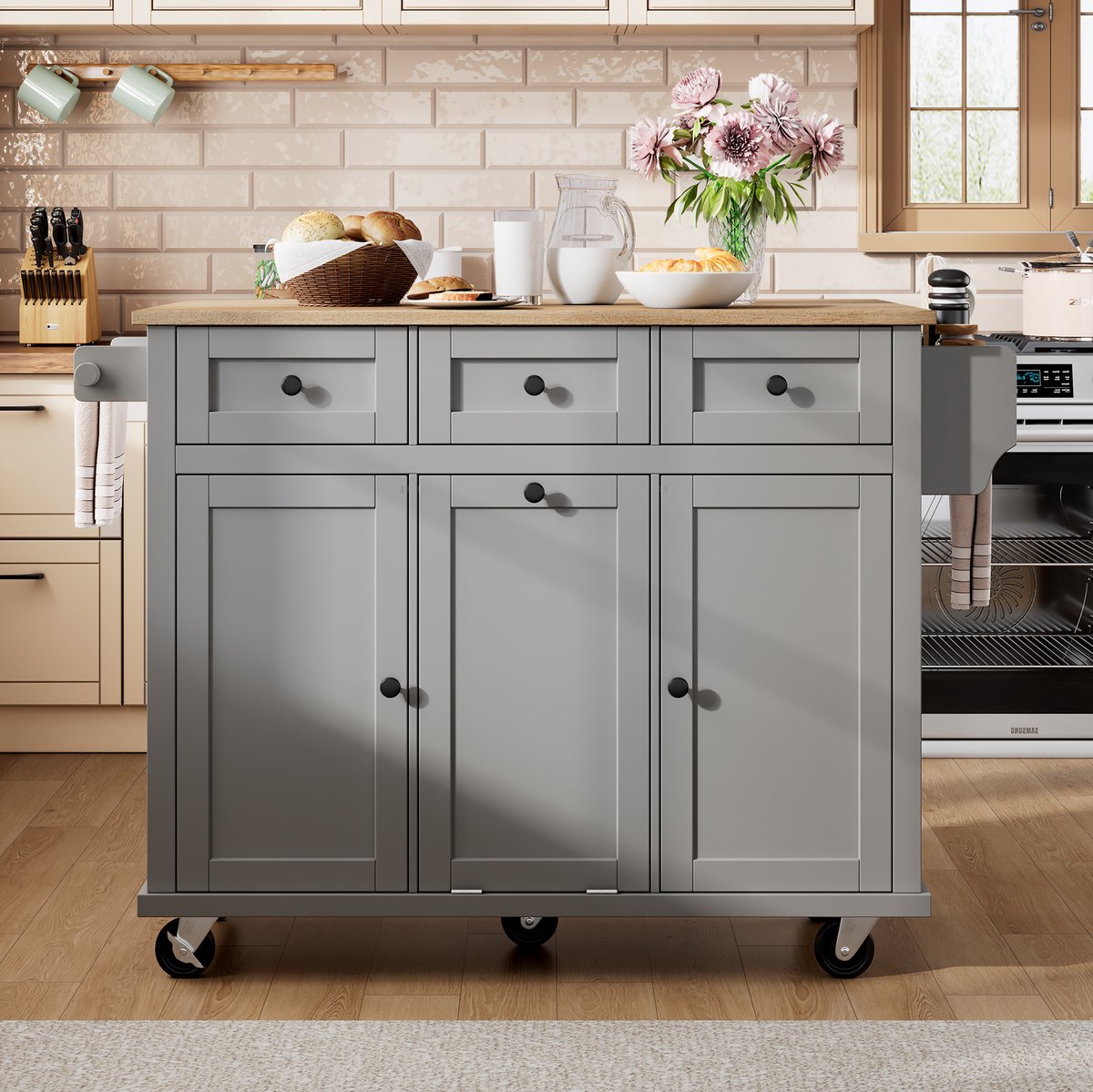 MEUNIQ keukenisland met wielen en uitschuifbaar werkblad 112 x 46,2-76,2 x 92,7 cm, met lades, kastdeuren, afvalbakvak en handdoekhouder voor keuken en eetkamer Grijs