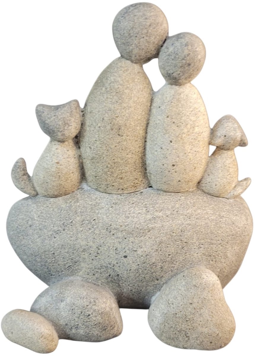 beeld kiezelstenen gezin liefdes koppel met twee huisdieren - familie beeld - 5x10x13 cm - grijs creme - resin beeld is onzijdig vader moeder - moeder moeder - vader vader