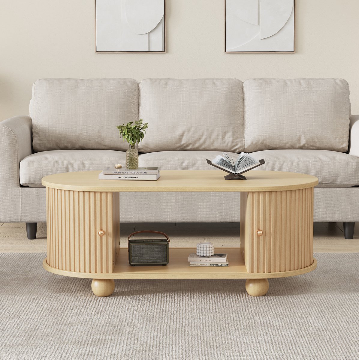 MEUNIQ Ovale salontafel 100 x 50 x 40 cm met opbergruimte, deuren met verticale structuur, MDF woonkamer tafel in naturel houtkleur