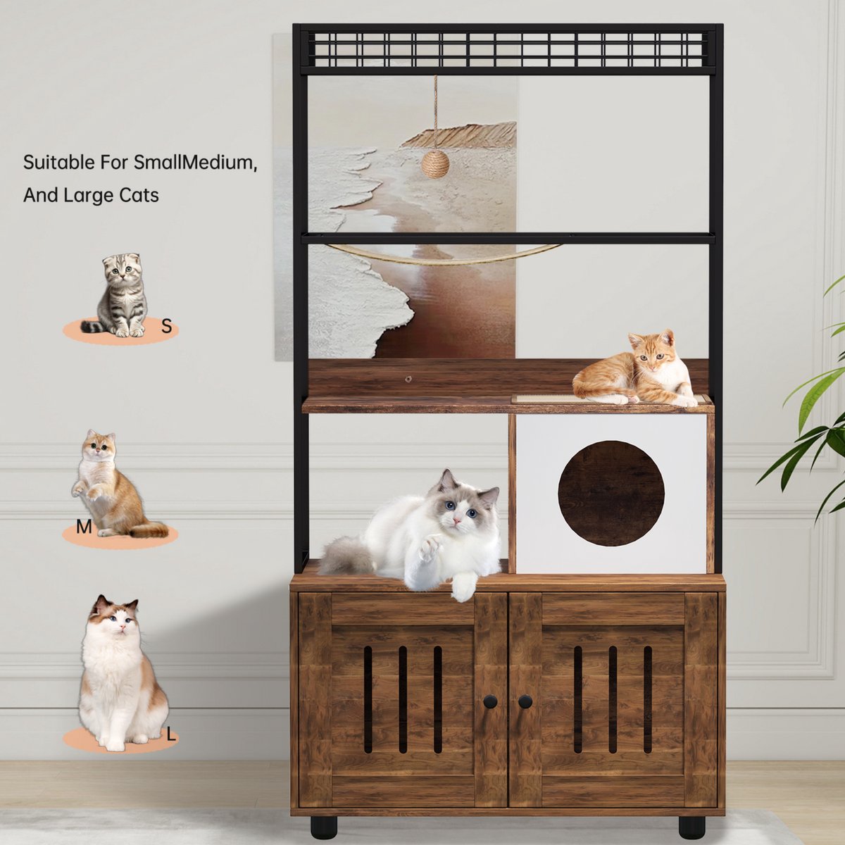 Veelzijdig houten kattenbakmeubel met opbergvakken – verborgen kattenkast met krasbestendige krabpaal en voerstation, groot binnengebruik katten-toilet voor woonkamer en hal, vintage bruin – foto 3
