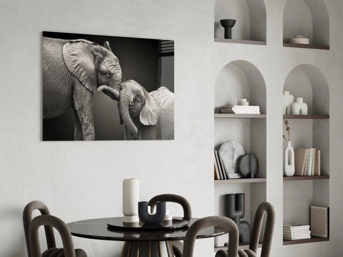 Glasschilderij Olifant en Jong – Premium Dieren Wanddecoratie – Gehard Glas 4 mm - 90 x 60 cm