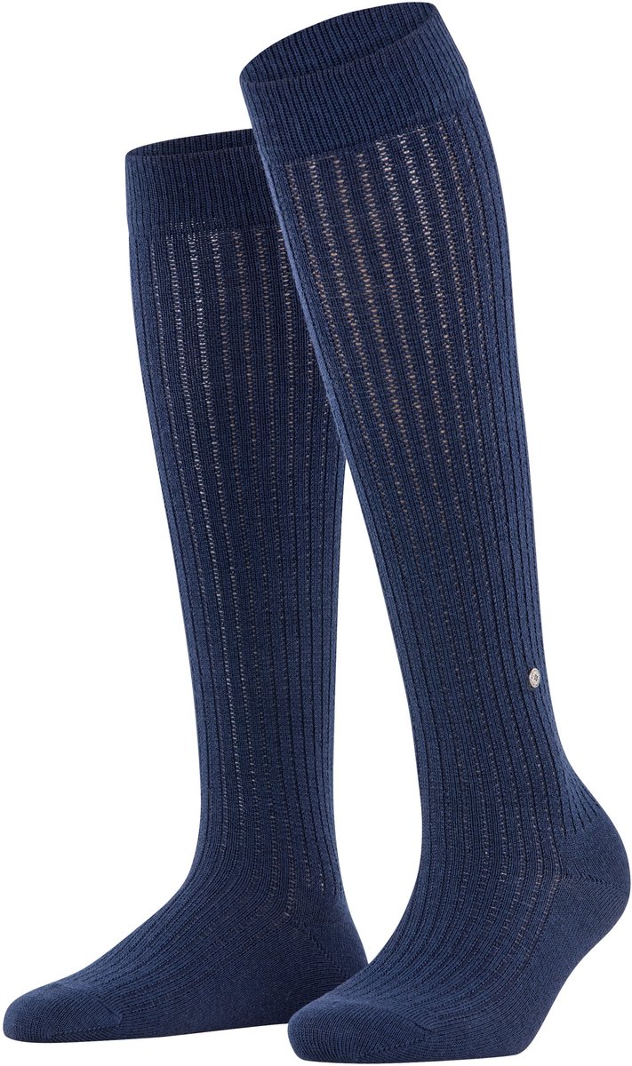 Burlington Loom lang eenkleurig wol katoen kniekousen dames blauw - maat 36-41