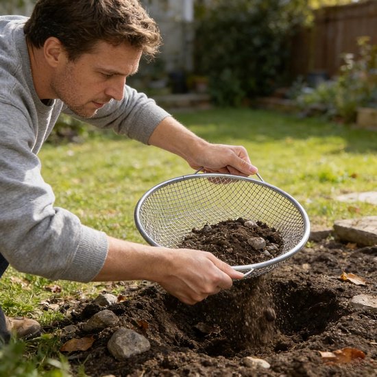 Tuinzeef - 30 cm - RVS - Ronde Grondzeef - Mazen 6mm - Zeef met netten - Grondzeef met handvat - Compostzeef - Rond Zeef - Voor zand, zaad, aarde, compost, stenen, onkruid, grind - 2 Stuk — afbeelding 4