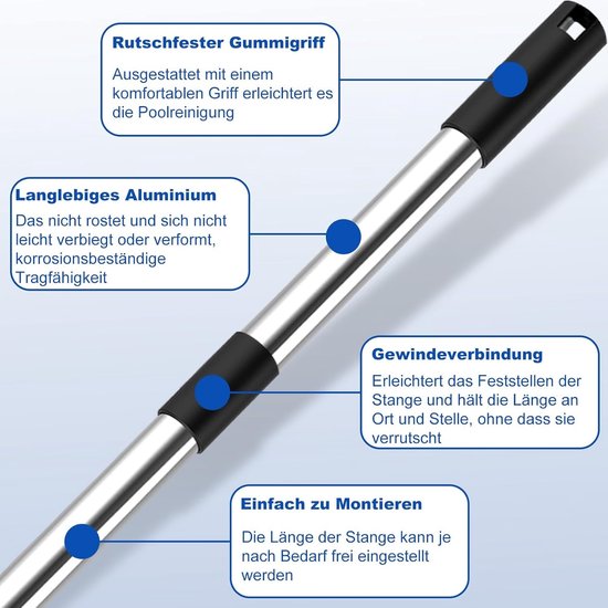 4BAOHUI Telescopische stang voor zwembad, verstelbaar van 75 cm tot 365 cm, zwembadaccessoires, zwembadstang van roestvrij staal en stabiel, uittrekbaar voor gangbare schepnet, skimmer net — afbeelding 4