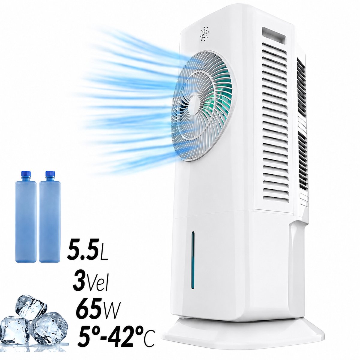 Glowstride - Luchtkoeler - 5,5 liter - koelventilator - luchtbevochtiger met oscillerende watertank - Airconditioning - 60x26x26cm - Afneembare draaibare voet 3 snelheidsniveaus Oscillatie