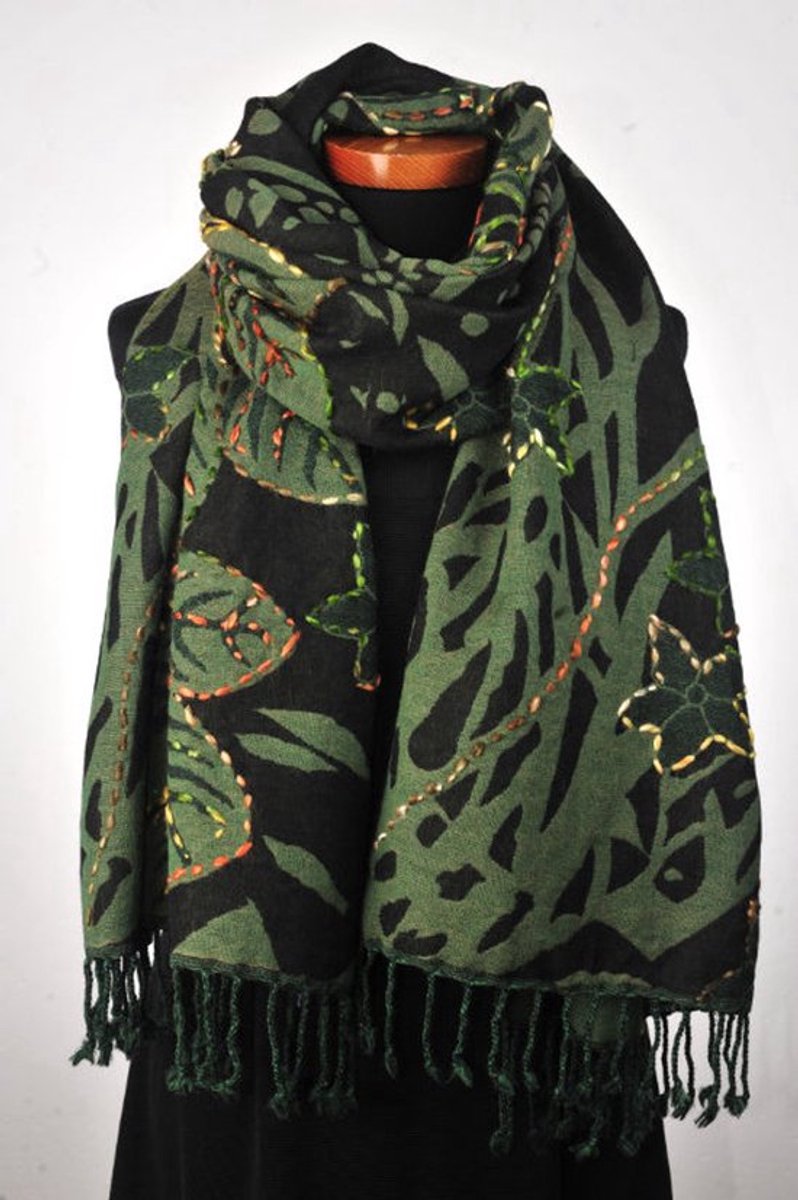 Wollen geborduurde sjaal en omslagdoek Donkergroen Blad, Merino wol, afmeting 72 x 190 cm