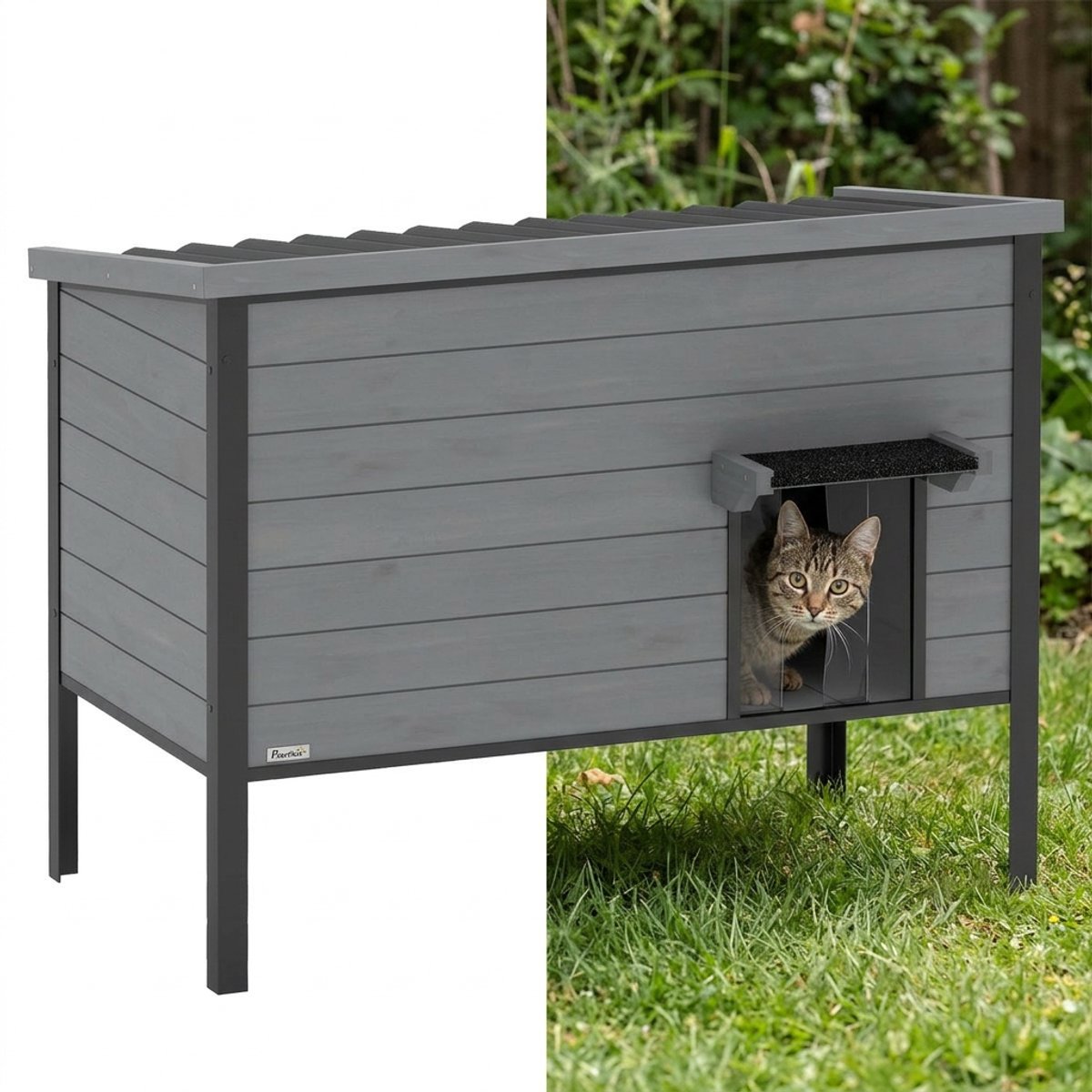 Kattenhuis - Voor buiten - Hok - Kooi - Bench - Ren - Duurzaam - 85L x 55B x 70H cm - Lichtgrijs + Zwart