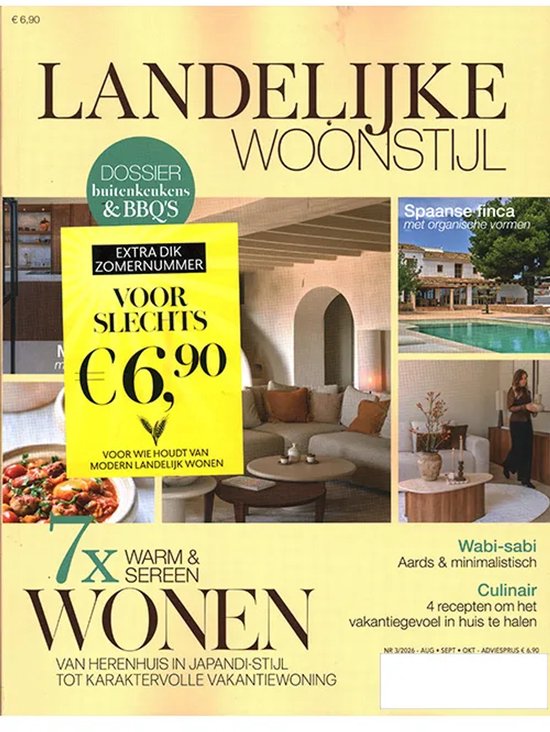 Magazine 'Landelijke woonstijl' met dossier over buitenkeukens & BBQ's en een Spaanse finca met organische vormen.
