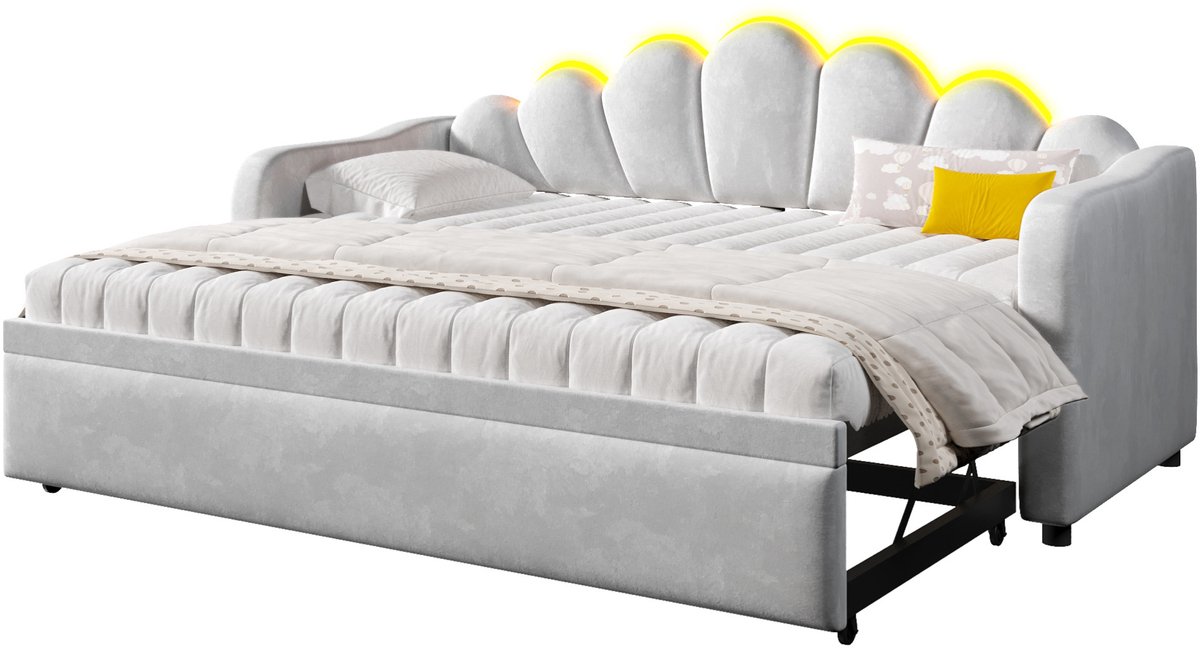 COVREO Gestoffeerd dagbed 90x200 cm met uitschuifbed en LED-verlichting, fluweel, grijs, houten frame Gray