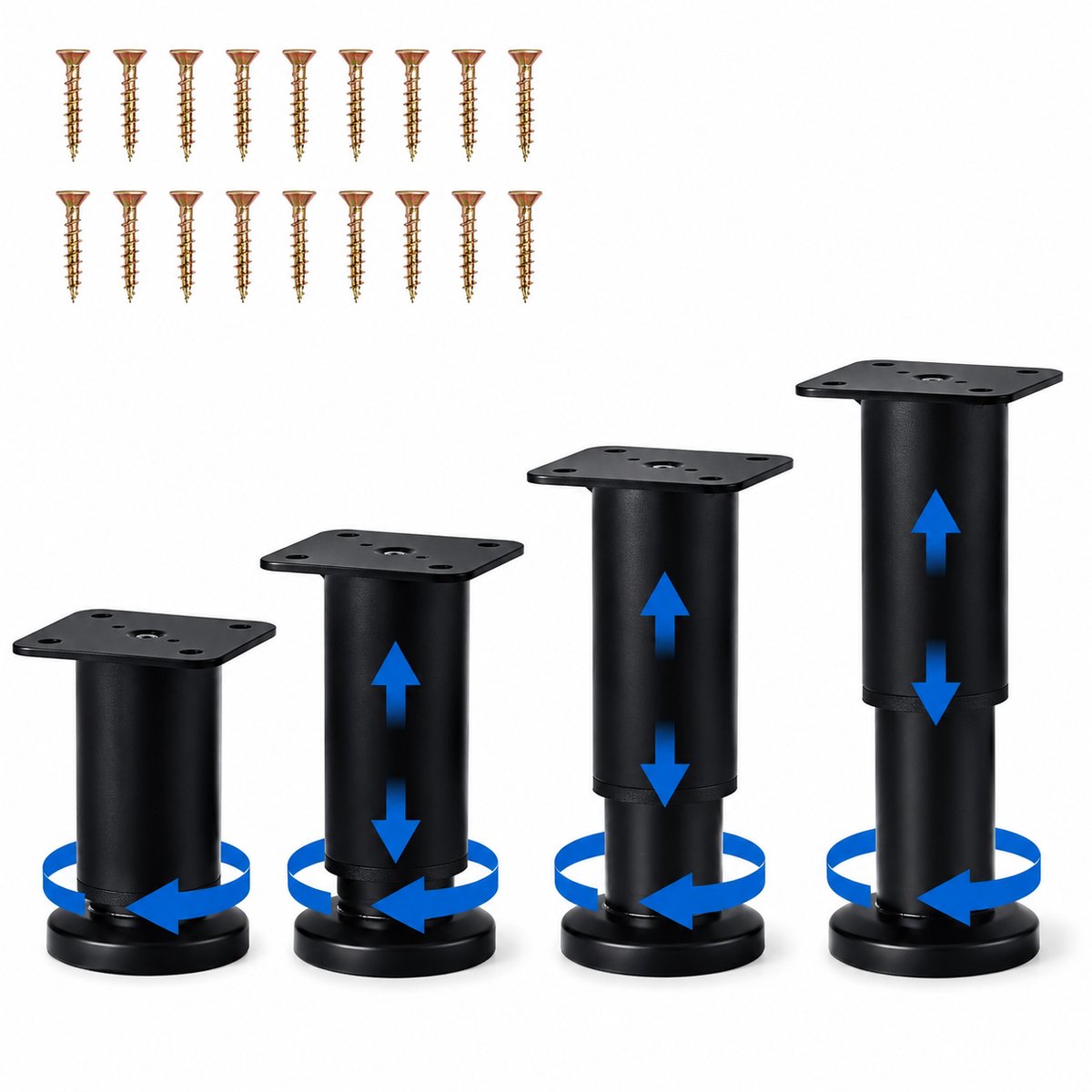 JustValue verstelbare meubelpoten - set van 4 - 8 tot 12 cm - zwart - met rubberen voet en schroeven
