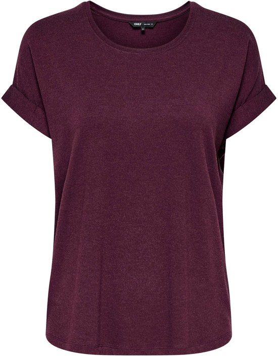 Bordeauxrode gemêleerde t-shirt met korte omgeslagen mouwen en ronde hals.