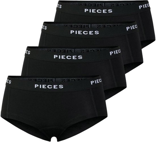Set van 4 zwarte hipsters met wit PIECES logo op de elastische tailleband.