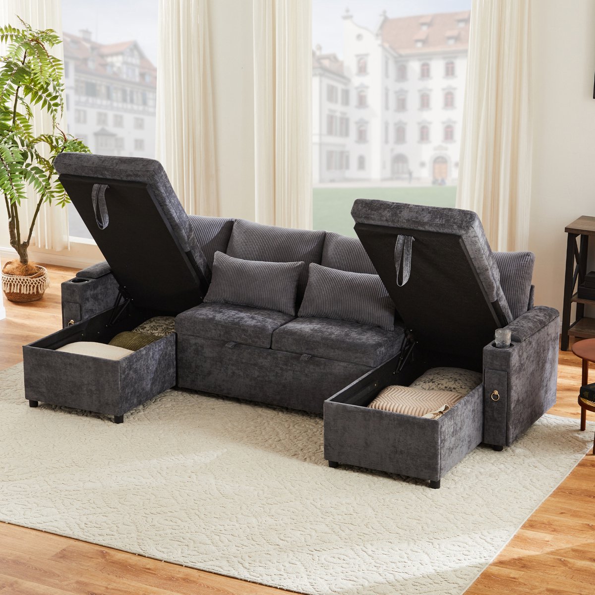 DESMIU U Bank 272 x 131 x 84 cm - Slaapbank Met Opbergruimte En Bekerhouders - Voor Woonkamer En Logeerkamer - Chenille Grijs