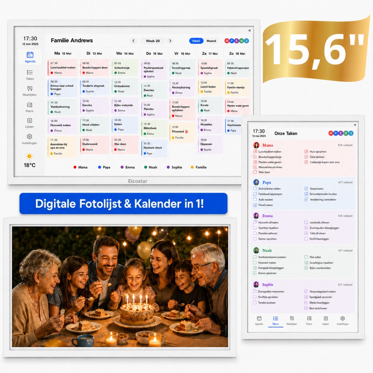 Elcostar® PRO Digitale Kalender & Digitale Fotolijst in 1 - 15,6 inch - Full HD Touchscreen - Slimme Gezinsplanner - Digitale Takenlijst - Interactief Haarddisplay - Montage voor Wand en inclusief standaard - Moeiteloze planning & overzicht