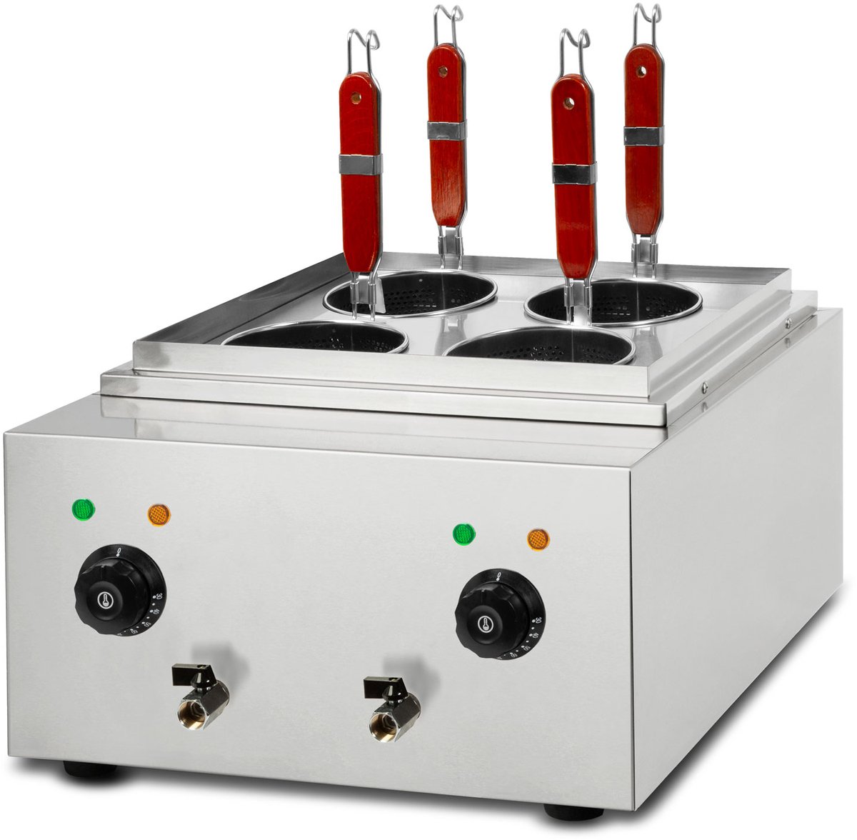 VERTES Gastro pastakoker, roestvrij staal, elektrisch, 2x 1700 watt, 2 aparte kookbakken van elk 6 liter, 4 pastamandjes, 2x aftapkraan, 2x temperatuurinstelling