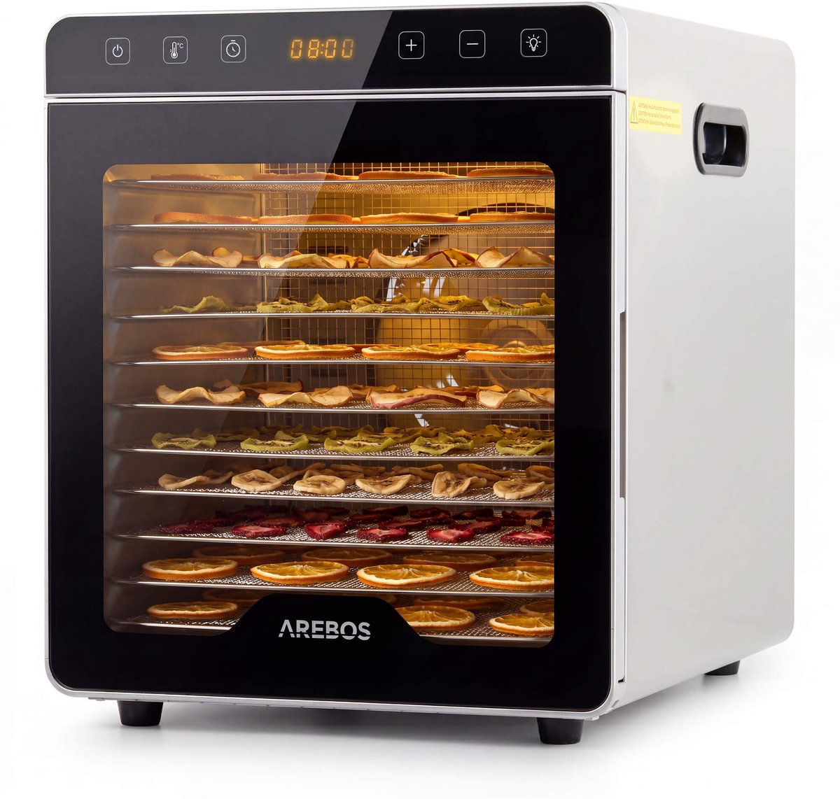 AREBOS Voedseldroger RVS 800W 29L 12 Roosters LED Touch Fruit Groenten Drogen
